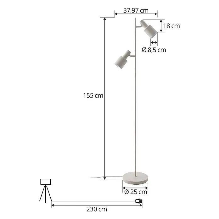 Lindby Stehleuchte Ovelia - Höhe: 155 cm, creme / amber, creme / amber, E27 - Weiße Stehlampe mit zwei verstellbaren Strahlern und rundem Fuß, Maße angegeben.