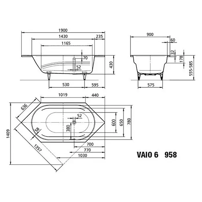 Kaldewei Badewanne Vaio 6 - 190 x 90 cm, Stahl-Email, Alpinweiß - Technische Zeichnung einer VAIO 6 958 Badewanne mit Maßen und Ansichten für Installationszwecke.