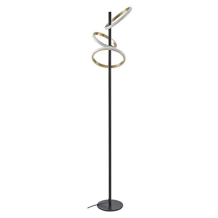 Lucande Stehleuchte Madu - Höhe: 160 cm, schwarz, messing / gold - Moderne schwarze Stehleuchte mit drei goldfarbenen Ringen und integrierten weißen LED-Diffusoren.