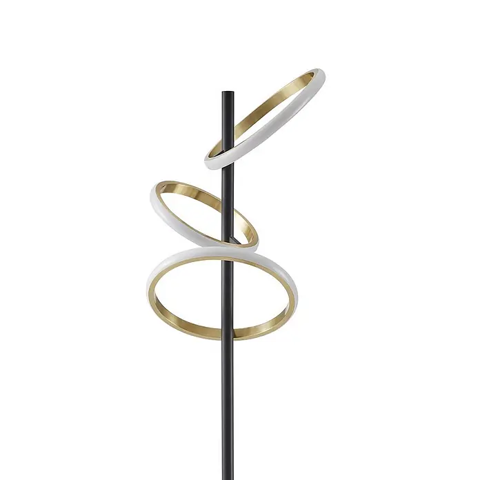Lucande Stehleuchte Madu - Höhe: 160 cm, schwarz, messing / gold - Stehleuchte mit schwarzem Stab und drei abgewinkelten gold-weißen Ringen.