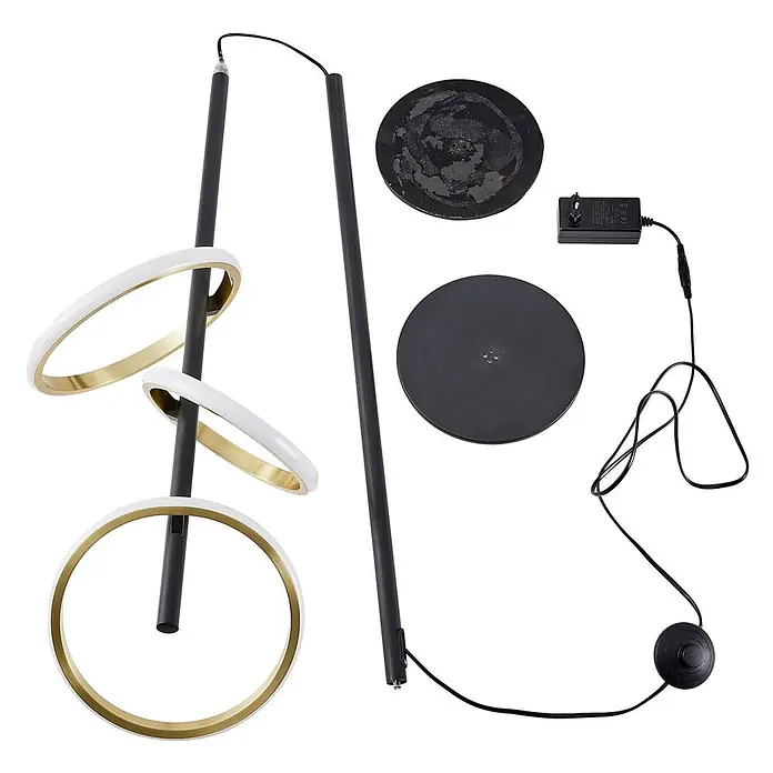 Lucande Stehleuchte Madu - Höhe: 160 cm, schwarz, messing / gold - Demontierte moderne Stehleuchte mit schwarzem Stab, weißen und goldenen Ringen, runden Sockeln, Adapter und Fußschalter.