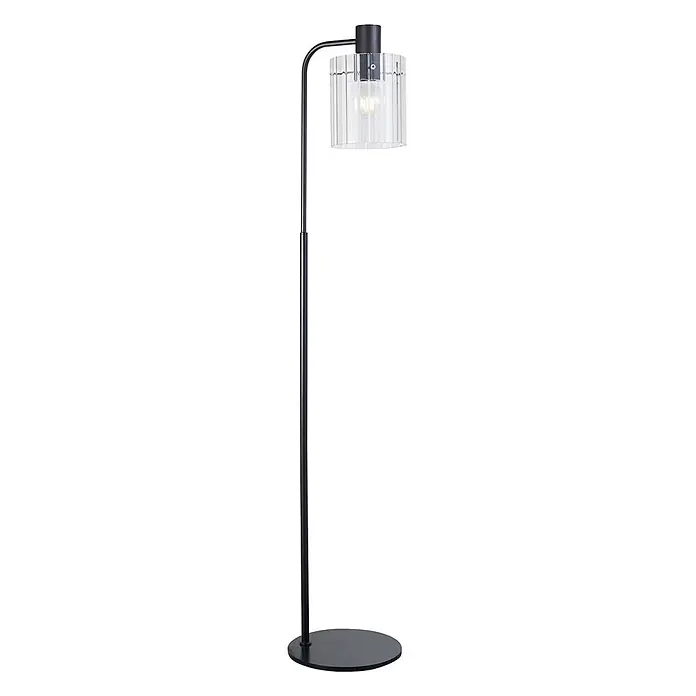 Lucande Stehleuchte Eirian - Höhe: 150 cm, schwarz, klar / transparent, E27 - Schwarze Stehlampe mit klarem geriffeltem Glasschirm.