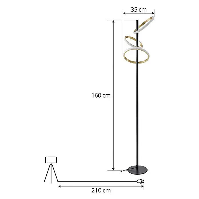 Lucande Stehleuchte Madu - Höhe: 160 cm, schwarz, messing / gold - Schwarze Stehlampe, 160 cm hoch, mit drei dekorativen weiß-goldenen Ringen. 210 cm Kabel.