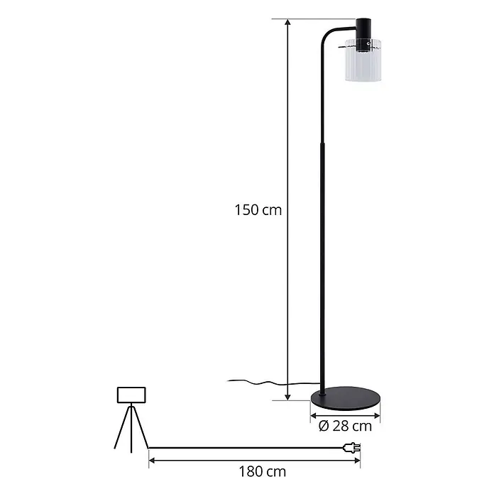 Lucande Stehleuchte Eirian - Höhe: 150 cm, schwarz, klar / transparent, E27 - Schwarze Stehleuchte aus Metall mit geripptem Klarglasschirm, 150 cm hoch, Ø 28 cm Basis, 180 cm Kabel.