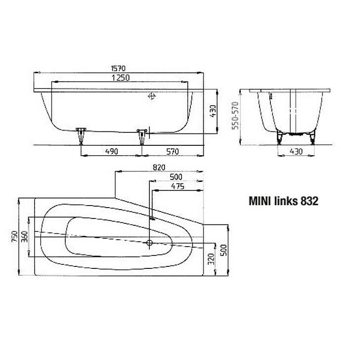 Kaldewei Badewanne Mini 832 (Linksseitig, 157 x 75 cm, Stahl-Email, Alpinweiß)