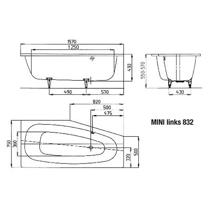 Kaldewei Raumsparbadewanne Mini 832 - 157 x 75 cm, Stahl-Email, Alpinweiß, Links - Technische Zeichnung des "MINI links 832" Badewanne, mit Maßen und Ansichten für Installation und Designplanung.
