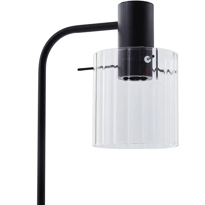 Lucande Stehleuchte Eirian - Höhe: 150 cm, schwarz, klar / transparent, E27 - Schwarze Metalllampe mit gebogenem Arm und zylindrischem Schirm aus klarem, geripptem Glas.