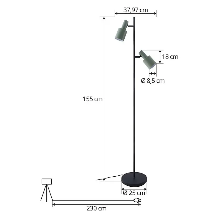 Lindby Stehleuchte Ovelia - Höhe: 155 cm, schwarz, grün, E27 - Grüne und schwarze Stehleuchte mit zwei verstellbaren Strahlern, 155 cm hoch auf rundem Fuß.