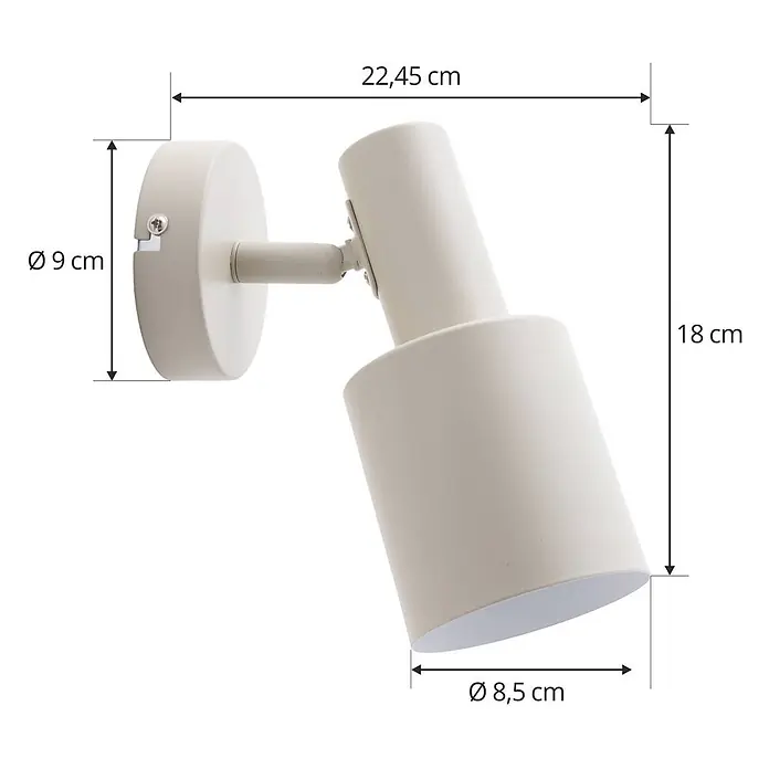Lindby Wandstrahler Ovelia - creme / amber, creme / amber, E27 - Verstellbarer weißer Wandstrahler, gezeigt mit seinen Maßen.