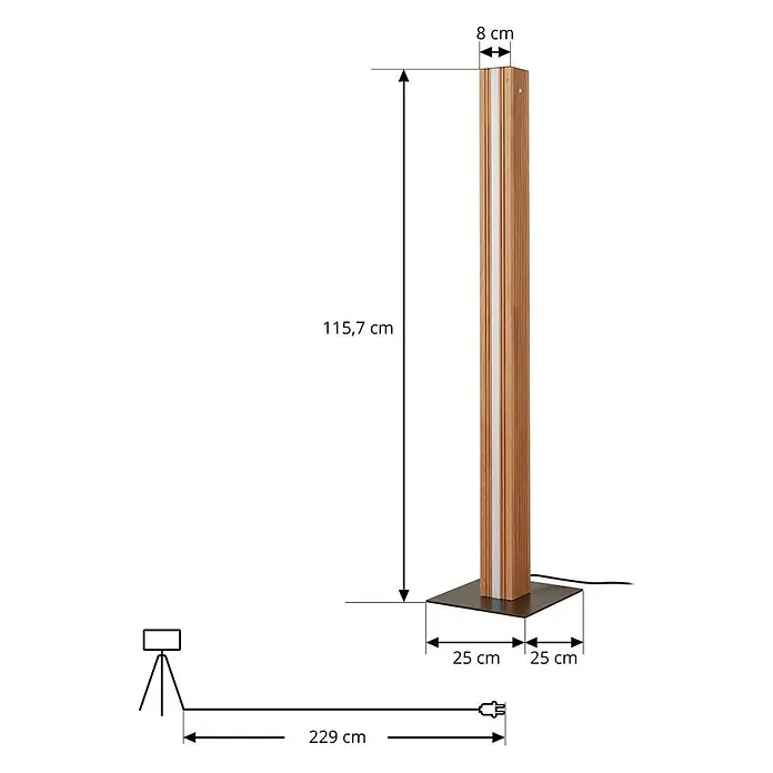 Lucande Stehleuchte Lieske - Höhe: 122 cm, schwarz, Holz hell - Hohe Stehleuchte aus Holz (8cm Breite) mit Lichtleiste, Metallsockel (25x25cm), 115,7cm Höhe und 229cm Netzkabel.