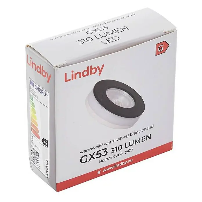Lindby LED-Lampe Gx53 - Nicht Dimmbar, Warmweiß, 360 lm, 4,8 W - Weiße Lindby GX53 310 Lumen warmweiße LED-Birnenverpackung mit Abbildung der Birne und Energieklasse G.