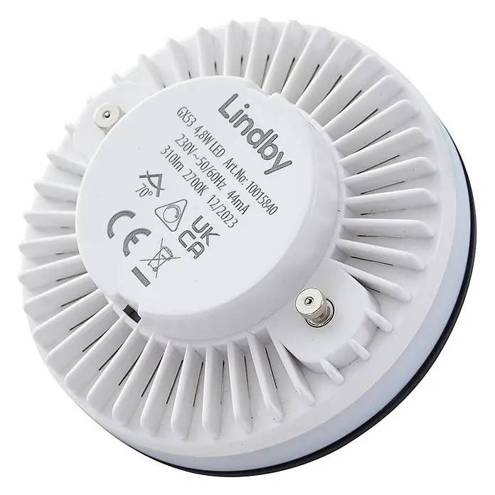 Lindby LED-Lampe Gx53 - Nicht Dimmbar, Warmweiß, 360 lm, 4,8 W - Weiße Lindby GX53 LED-Lampe, von hinten gesehen, mit Kühlrippen, Anschlussstiften und technischen Daten.