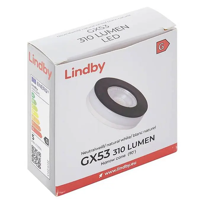 Lindby LED-Lampe Gx53 - Nicht Dimmbar, Neutralweiß, 380 lm, 4,8 W - Weißer Karton für eine Lindby GX53 310 Lumen LED-Lampe, mit Abbildung der Lampe und Energieetikett.
