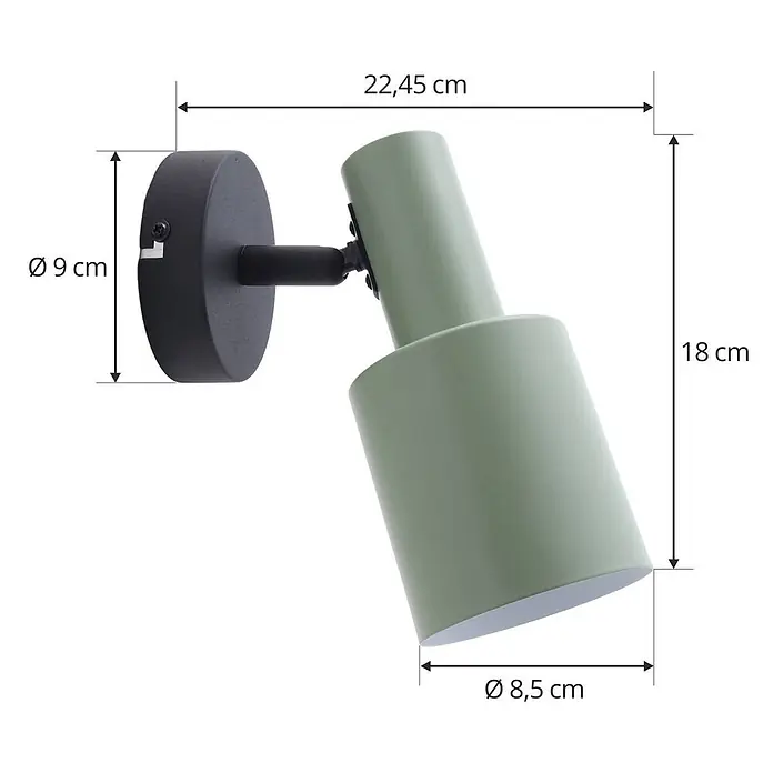Lindby Wandstrahler Ovelia - schwarz, grün, E27 - Verstellbare Wandleuchte aus Metall in Salbeigrün mit schwarzem Sockel, Maße sind angegeben.