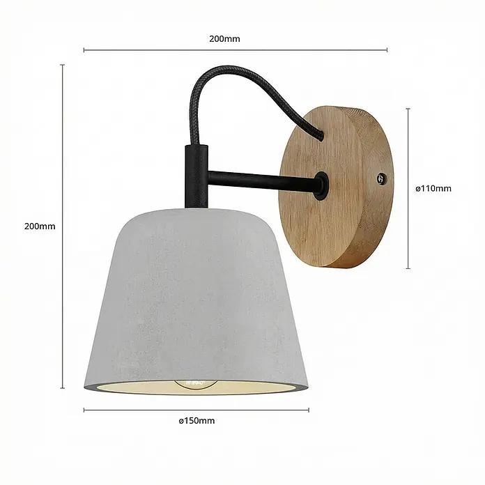 Lucande Wandleuchte Kalinda - L x B x H: 20 x 15 x 20 cm, Holz hell, alu / grau / zink, E14 - Wandleuchte mit grauem Betonschirm, schwarzem Arm und runder heller Holzbasis. Maße sind angegeben.