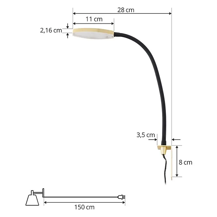 Lindby Wandleuchte Flexola - schwarz, messing / gold - Gold-schwarze LED-Klemmleuchte mit flexiblem Arm, 28 cm lang, 150 cm Kabel.