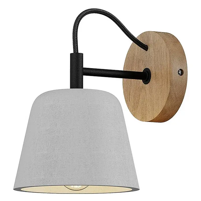 Lucande Wandleuchte Kalinda - L x B x H: 20 x 15 x 20 cm, Holz hell, alu / grau / zink, E14 - Hellgraue Wandlampe mit schwarzem Metallarm und runder Holzhalterung, mit einem glockenförmigen Schirm.