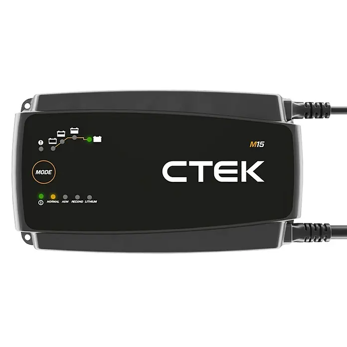 CTEK Automatik-Ladegerät M 15 EU - Kapazität: 28 Ah - 300 Ah - Abbildung eines CTEK M15 Batterieladegeräts, das für seine Vielseitigkeit und Effizienz beim Laden verschiedener Batterietypen bekannt ist.