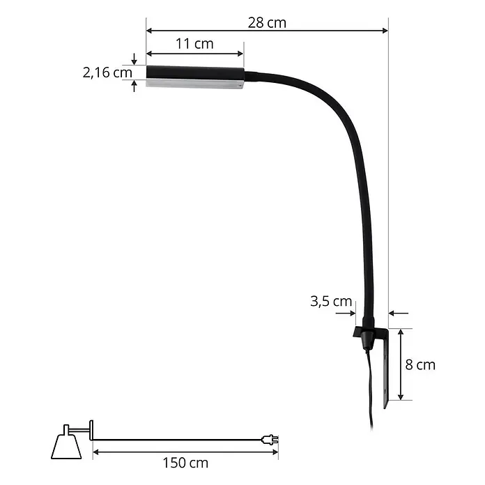 Lindby Wandleuchte Flexola - schwarz, schwarz - Schwarz-silberne flexible Klemmleuchte. Hauptmaße: 28cm Gesamthöhe, 11cm Lampenkopf, 8cm Klemmenhöhe, 150cm Kabel.