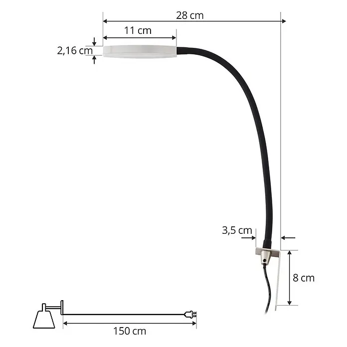 Lindby Wandleuchte Flexola - schwarz, alu / grau / zink - Flexible schwarze Lampe mit weißem Leuchtkopf, Montagehalterung und Stromkabel, mit detaillierten Maßen.