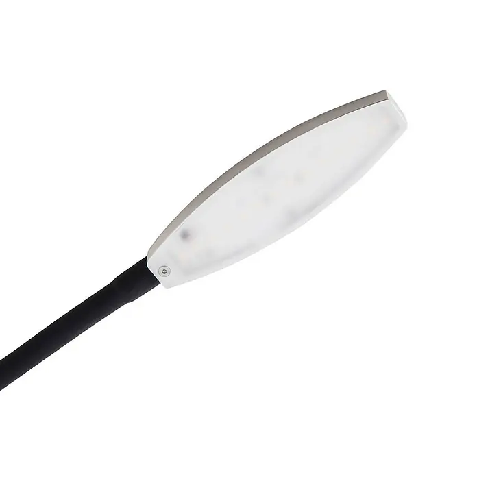 Lindby Wandleuchte Flexola - schwarz, alu / grau / zink - Länglicher LED-Lampenkopf mit transparenter weißer Abdeckung und silbernem Rand, verbunden mit einem schwarzen flexiblen Arm.