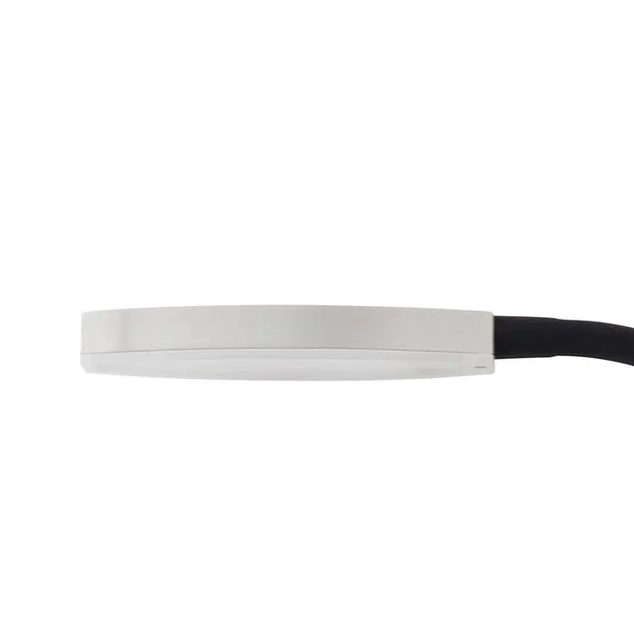 Lindby Wandleuchte Flexola - schwarz, alu / grau / zink - Flache, hellgraue/silberne Leuchte mit schwarzem Kabel, von der Seite gesehen.