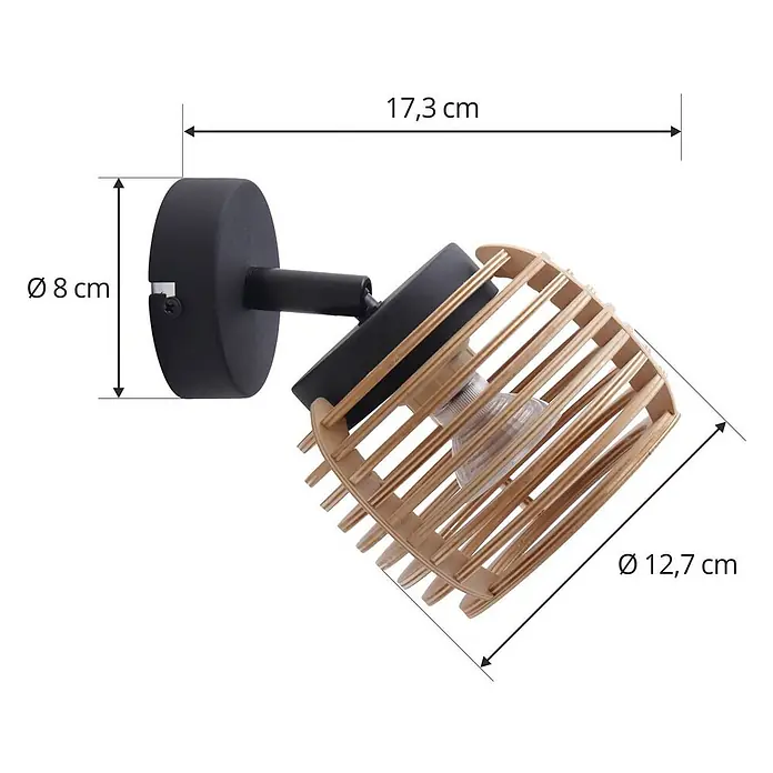 Lindby Wandleuchte Ediz - L x B x H: 17,3 x 12,7 x 12,7 cm, schwarz, Holz hell, GU10 - Schwarze, verstellbare Wandleuchte mit naturfarbenem Holzlamellenschirm. Basis Ø 8 cm, Gesamtlänge 17,3 cm, Schirm Ø 12,7 cm.