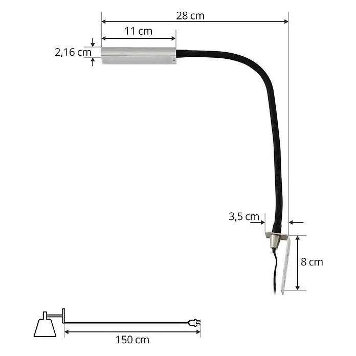 Lindby Wandleuchte Flexola - schwarz, alu / grau / zink - Silberne Klemmleuchte mit flexiblem schwarzem Arm und rechteckigem Leuchtenkopf.