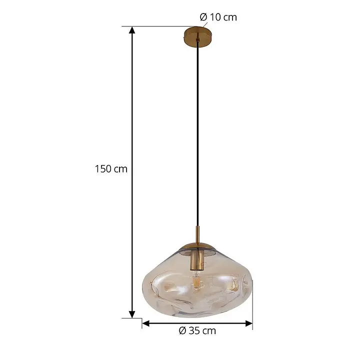 Lindby Pendelleuchte Lelia - L x B x H: 35 x 35 x 22 cm, creme / amber, amber, messing, E27 - Organisch geformte Pendelleuchte aus bernsteinfarbenem Glas mit Goldakzenten und schwarzem Kabel.