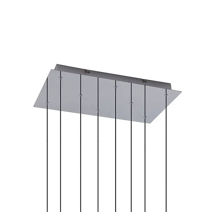 Lucande Pendelleuchte Korvitha - alu / grau / zink, rauchgrau, silber - Rechteckige, reflektierende Metall-Deckenplatte mit acht schwarzen Kabeln für eine Mehrfach-Pendelleuchte.