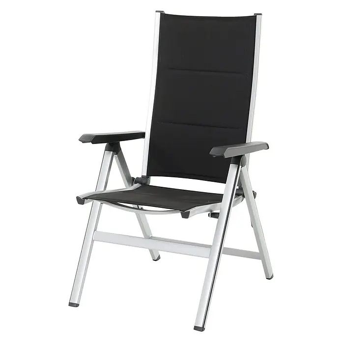 MWH Sillón de posiciones Futosa - 62 x 67,5 x 111 cm, Gris/Blanco, Aluminio/Textiline, Respaldo regulable - Una silla de camping con respaldo alto, reposabrazos y estructura plateada, ideal para relajarse al aire libre.