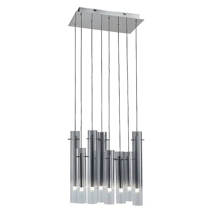 Lucande Pendelleuchte Korvitha - alu / grau / zink, rauchgrau, silber - Moderne Mehrfach-Pendelleuchte mit silberner Rechteck-Baldachin und unterschiedlich langen, geriffelten Glaszylinderschirmen, beleuchtet.