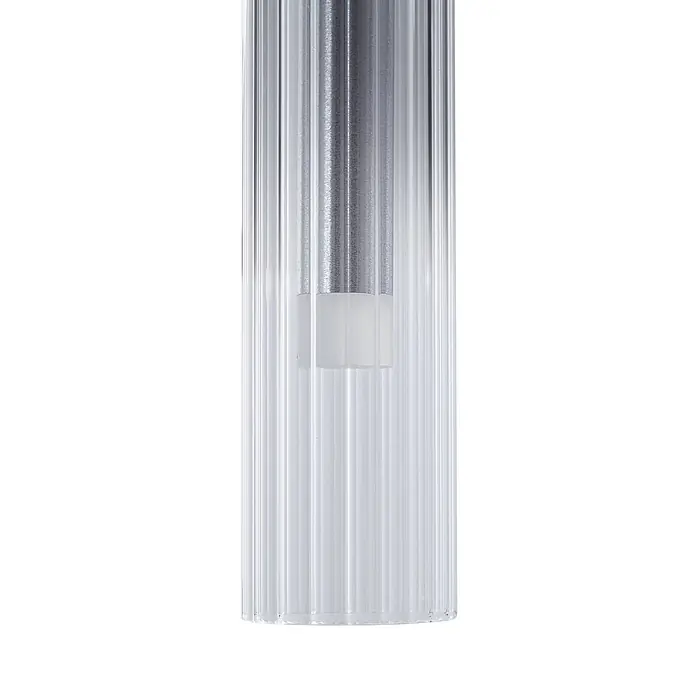 Lucande Pendelleuchte Korvitha - alu / grau / zink, rauchgrau, silber - Zylindrische Pendelleuchte aus geriffeltem Klarglas mit gebürstetem Silber und weißem Diffusor.