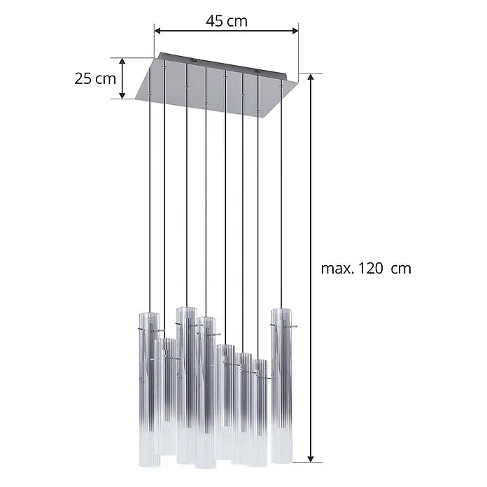 Lucande Pendelleuchte Korvitha - alu / grau / zink, rauchgrau, silber - Rechteckige silberne Deckenleuchte mit mehreren klaren Glaszylinder-Anhängern, max. 120 cm Gesamthöhe, Platte 45x25 cm.