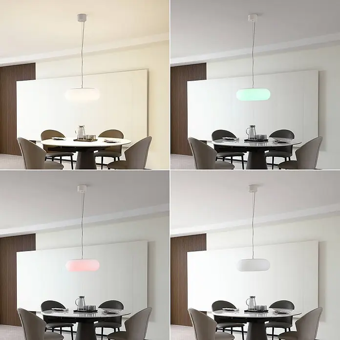 Lucande Pendelleuchte Bolti - L x B x H: 50 x 50 x 17,2 cm, weiß / opal, weiß gefrostet - Eine ovale Pendelleuchte beleuchtet einen Esstisch und demonstriert verschiedene Lichtfarben.