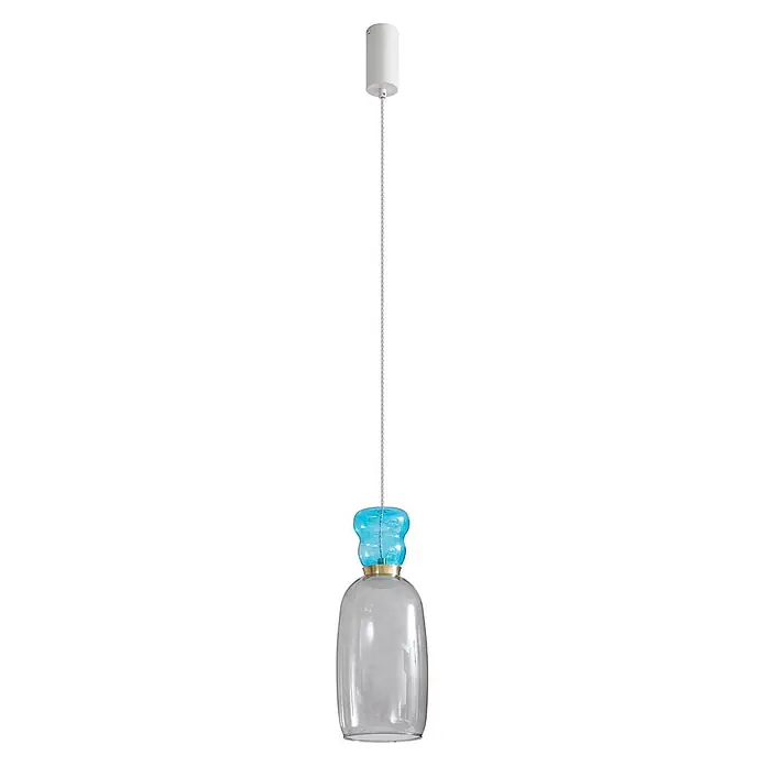 Lucande Pendelleuchte Fay - L x B x H: 15 x 15 x 37 cm, alu / grau / zink, hellgrau, hellBlau, weiß matt - Pendelleuchte mit weißer Deckenkappe, silbernem Kabel, blauem Glasaufsatz, Messingring und klarem Glasschirm.