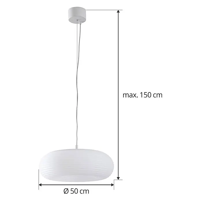 Lucande Pendelleuchte Bolti - L x B x H: 50 x 50 x 17,2 cm, weiß / opal, weiß gefrostet - Weiße ovale Pendelleuchte mit geripptem Schirm, max. 150 cm Höhe und 50 cm Durchmesser.