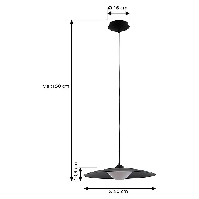 Lucande Pendelleuchte Foco - schwarz, Schwarz, weiß - Schwarze runde Pendelleuchte mit flachem Schirm (Ø 50 cm) und weißem Diffusor, max. 150 cm hoch, Baldachin Ø 16 cm.