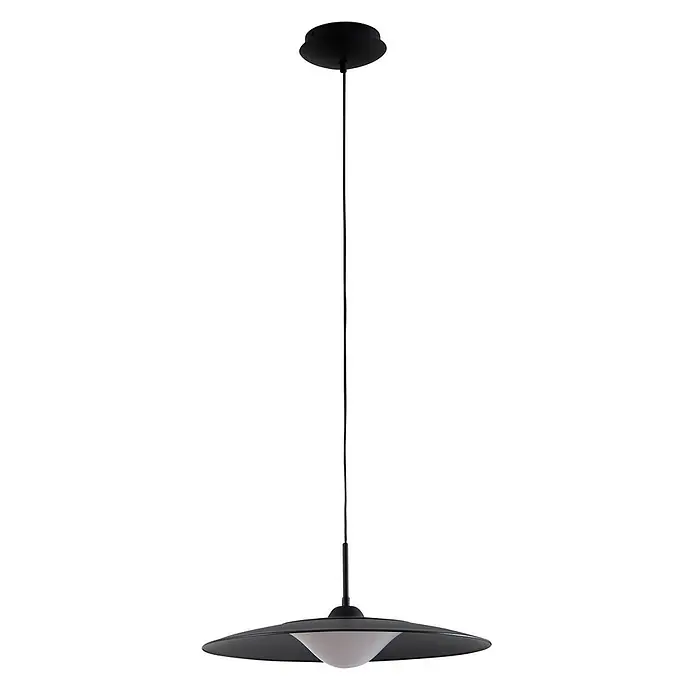 Lucande Pendelleuchte Foco - schwarz, Schwarz, weiß - Schwarze Pendelleuchte mit breitem, flachem Metallschirm und einem weißen, schalenförmigen Diffusor.