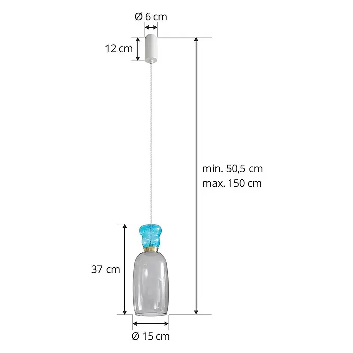 Lucande Pendelleuchte Fay - L x B x H: 15 x 15 x 37 cm, alu / grau / zink, hellgrau, hellBlau, weiß matt - Klare Glas-Pendelleuchte mit blauem Aufsatz, weißem Baldachin. Leuchte 37x15 cm. Aufhängung 50,5-150 cm verstellbar.