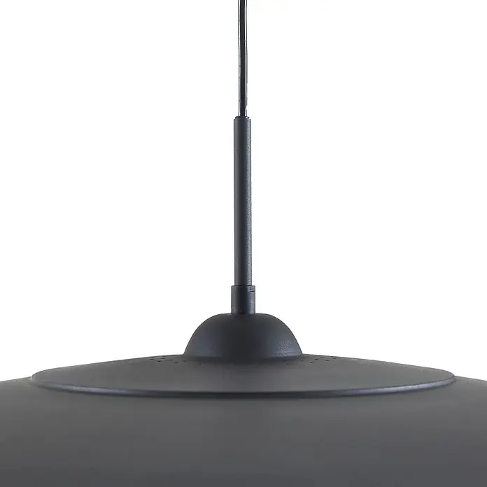 Lucande Pendelleuchte Foco - schwarz, Schwarz, weiß - Mattschwarze Metall-Pendelleuchte, zeigt den Aufhängungsstab und den oberen Schirmbereich.