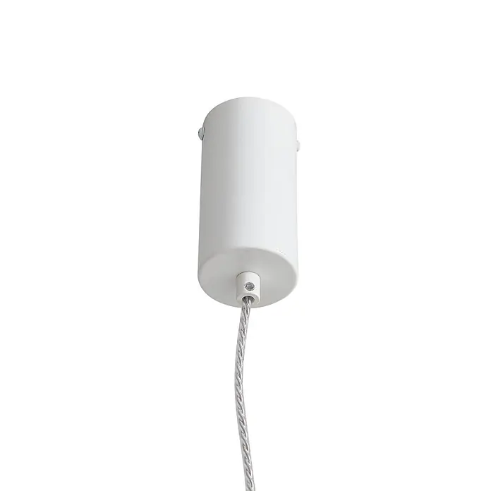 Lucande Pendelleuchte Fay - L x B x H: 15 x 15 x 37 cm, alu / grau / zink, hellgrau, hellBlau, weiß matt - Weiße zylindrische Deckenrosette für eine Pendelleuchte, mit einem grauen geflochtenen Kabel an der Unterseite.