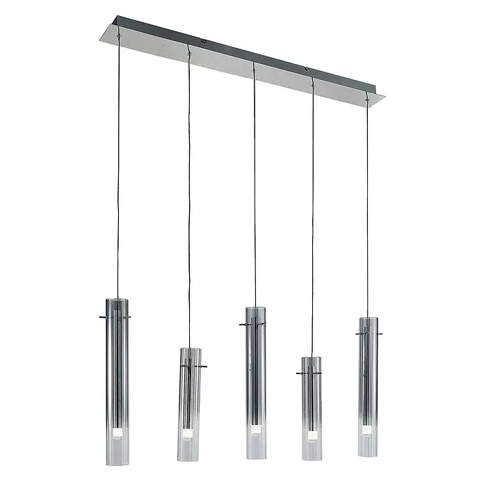 Lucande Pendelleuchte Korvitha - L x B x H: 92 x 8,5 x 45 cm, alu / grau / zink, rauchgrau, silber - Moderne lineare Pendelleuchte mit rechteckiger Metallbasis und fünf klaren, gerippten Glaszylindern, jeweils mit integriertem Licht.