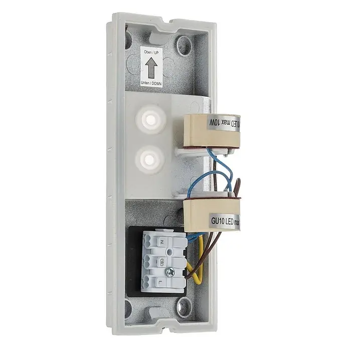 Lindby Außenwandleuchte Aluvo - weiß / opal, IP65 - Innenansicht einer weißen Kunststoff-Wandleuchte mit zwei GU10 LED-Fassungen und Anschlussklemme für die Verdrahtung.
