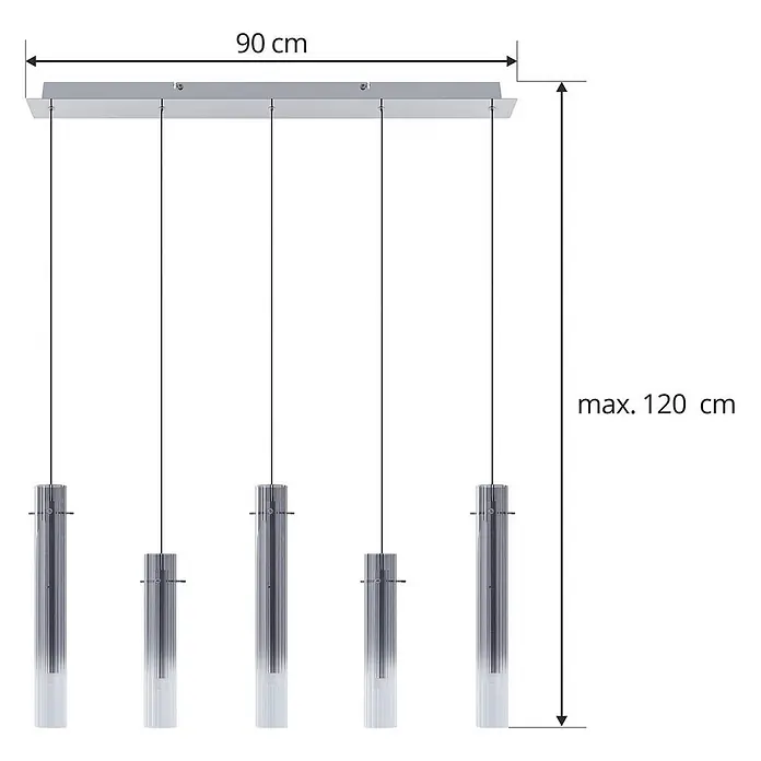 Lucande Pendelleuchte Korvitha - L x B x H: 92 x 8,5 x 45 cm, alu / grau / zink, rauchgrau, silber - Fünfflammige Pendelleuchte mit silberfarbener Deckenhalterung, schwarzen Kabeln und zylindrischen Glasschirmen. Max. Höhe 120 cm, Länge 90 cm.