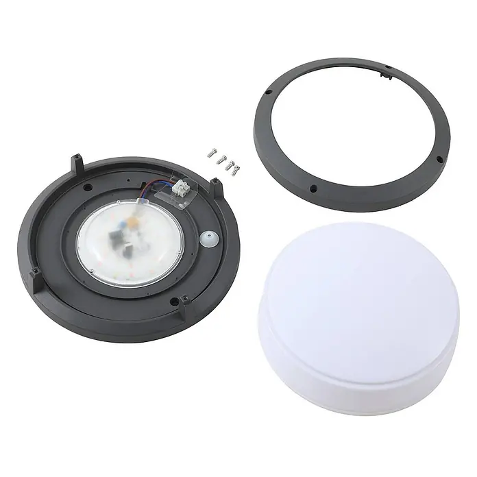 Lindby Außenwandleuchte Liren - alu / grau / zink, IP54 - Zerlegte runde LED-Deckenleuchte mit dunkelgrauem Gehäuse, weißem Diffusor und Montagerring.