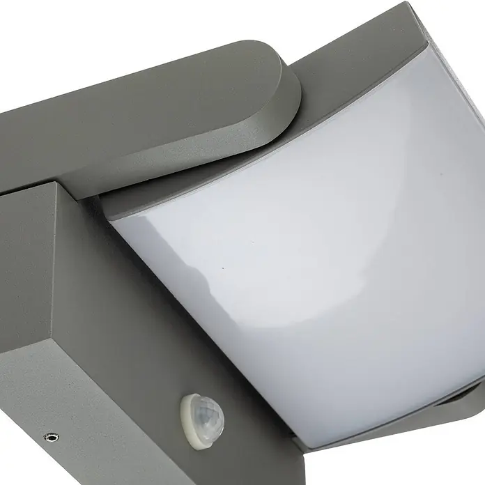 Lindby Außenwandleuchte Sherin - alu / grau / zink, IP54 - Graue LED-Außenleuchte mit weißem Diffusor und integriertem Bewegungssensor.