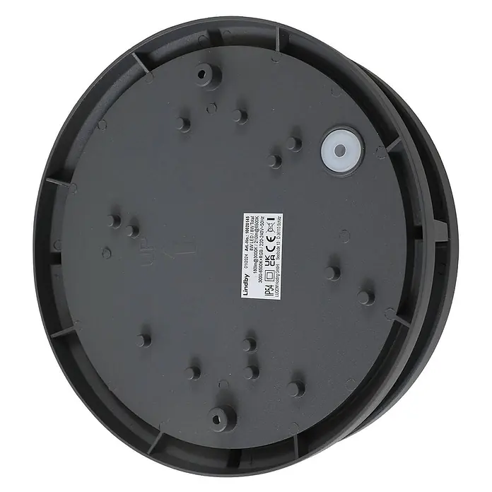 Lindby Außenwandleuchte Liren - alu / grau / zink, IP54 - Dunkelgraue runde LED-Leuchtenbasis mit Befestigungspunkten, "UP"-Pfeil und weißer Tülle.