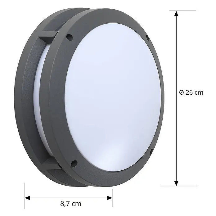 Lindby Außenwandleuchte Liren - alu / grau / zink, IP54 - Runde graue Außenwandleuchte mit weißem Diffusor, 26 cm Durchmesser, 8,7 cm Tiefe.