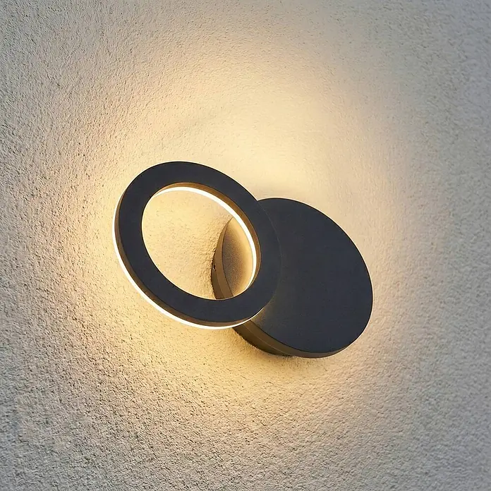 Lindby Außenwandleuchte Ilveo - schwarz, schwarz, IP54 - Dunkelgraue LED-Wandleuchte mit leuchtendem Ring und fester Basis, spendet warmes Licht.
